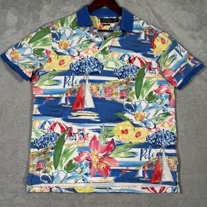 Polo Ralph Lauren Polo Shirt Mens Medium Riviera Print Sailboat Classic Fit Blue